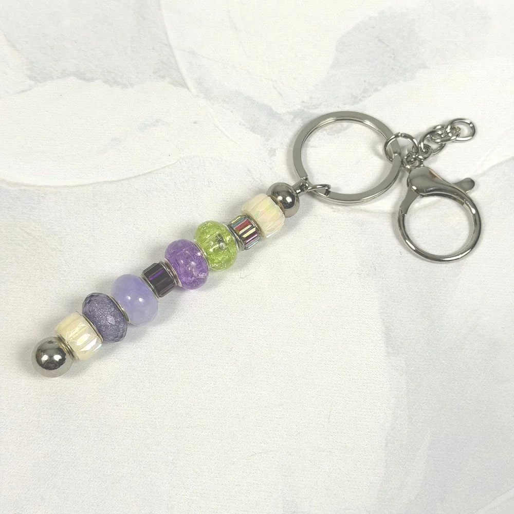 Super Cute AB Crystal, Pale Green Crackle Glass, & Lavender Beaded Key Chain 6